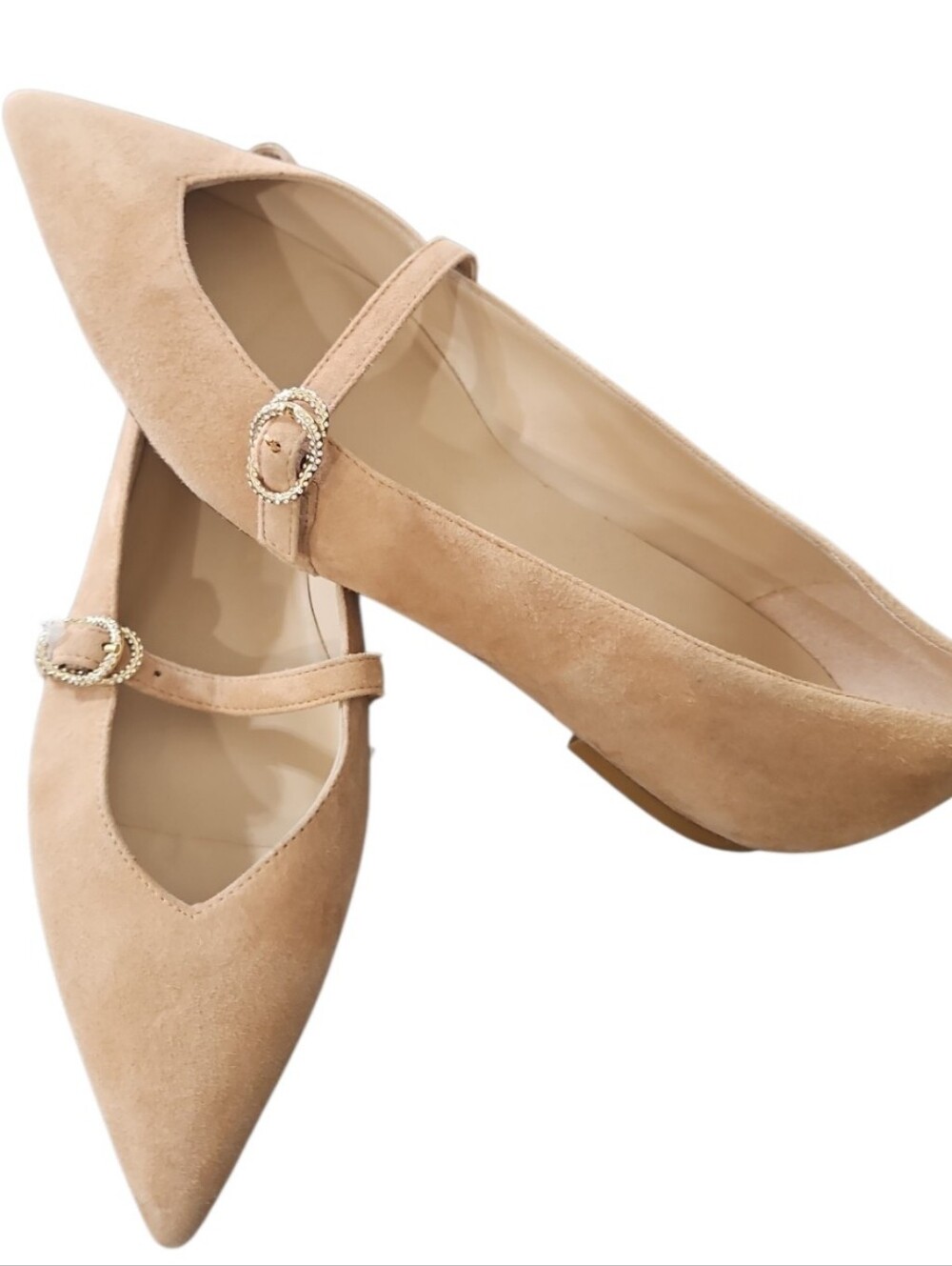 Stuart Weitzman Adobe Suede Crystal Mary Jane Pointed Toe Flats 8 - Picture 3 of 11